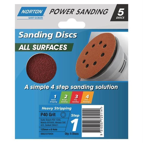 Orbital Sanding Discs 125mm (5") All Surface Norton - 5 Pack [Grit / Grade: 40]
