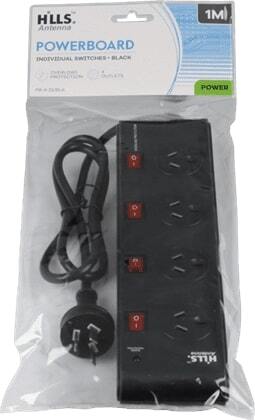 Power Board Surge Protected 4 Outlet Wide Space Switched Black Powerboard