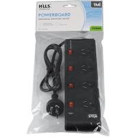 Power Board Surge Protected 4 Outlet Wide Space Switched Black Powerboard