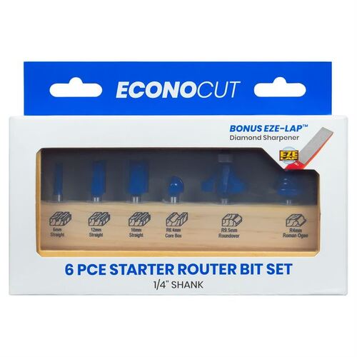 Router Bit Set 6 pce starter kit 1/4" Shank + Diamond Sharpener - EconoCut by CarbiTool